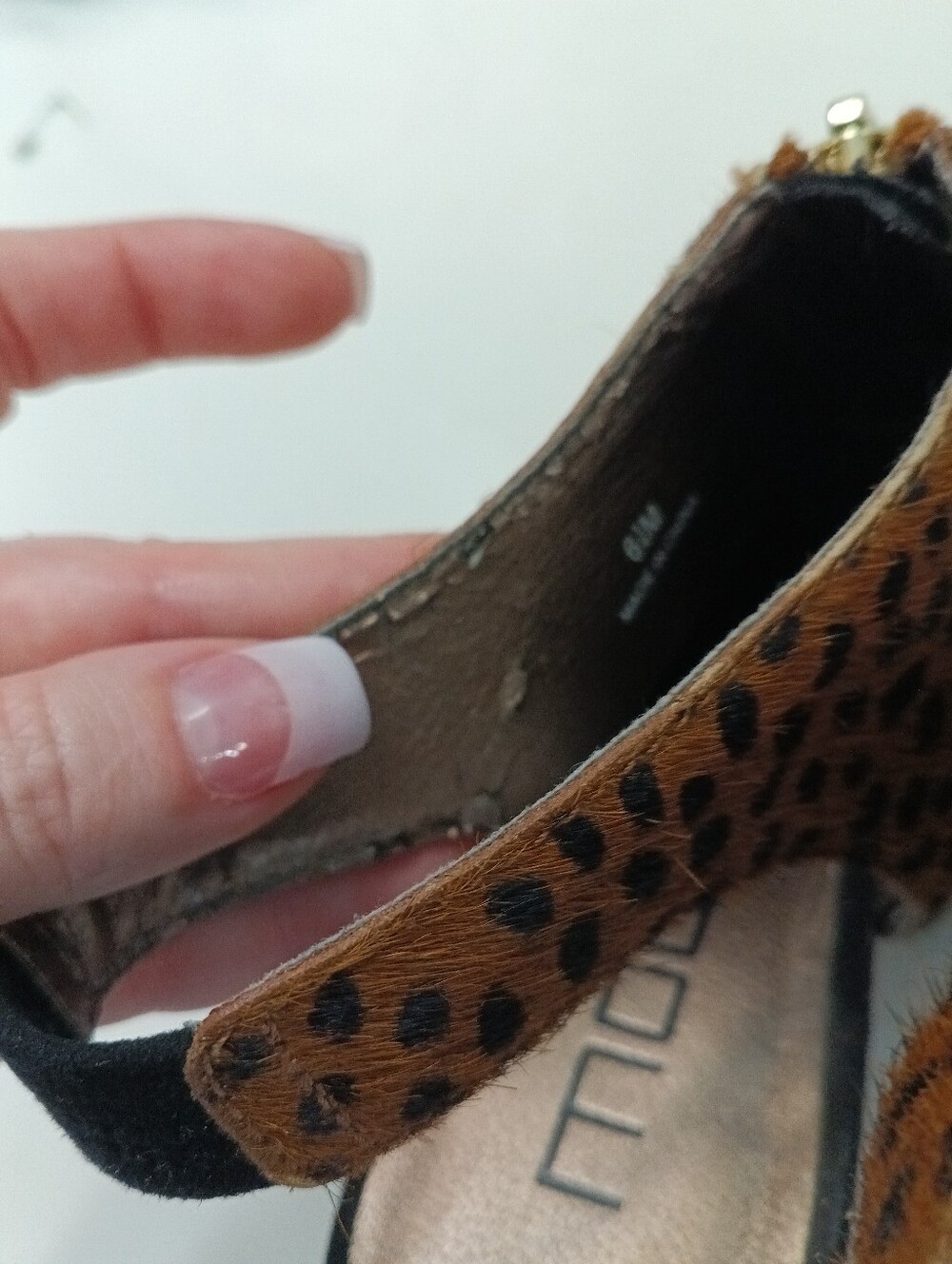 Moda Spana Leopard Calf Hair Peep Toe Slingback Heels | Gold Zip | Size 6.5 - Picture 10 of 15